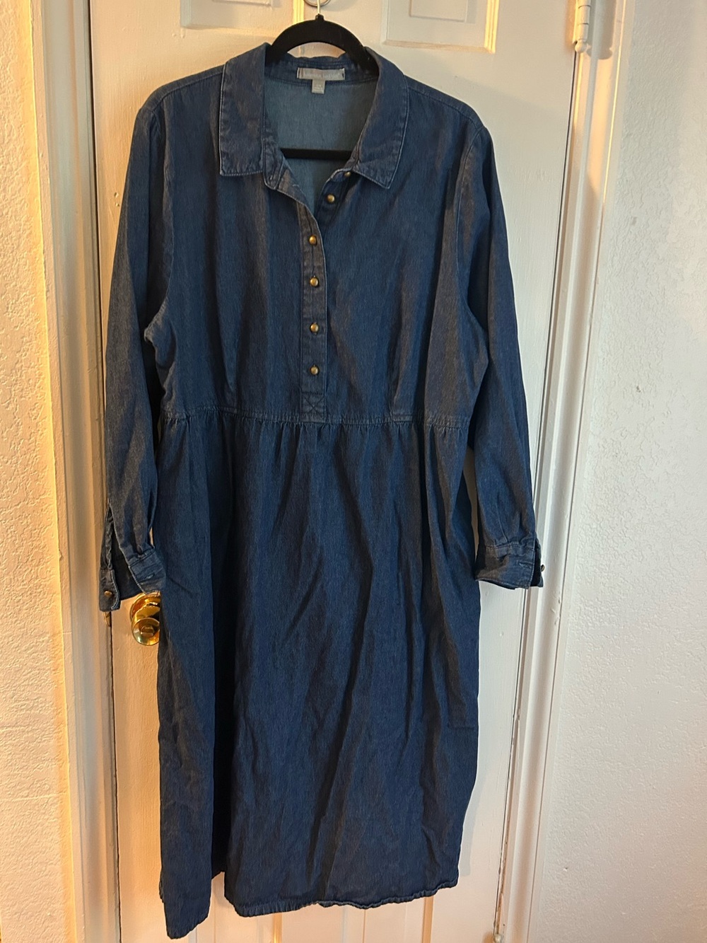 Woman Within Dark Blue Denim Long-Sleeve Button Dress